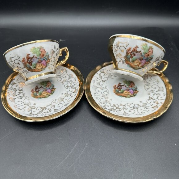 Demitasse Cup & Saucer Set Courting Couple Bavaria Germany Gold Porcelain - Picture 1 of 16